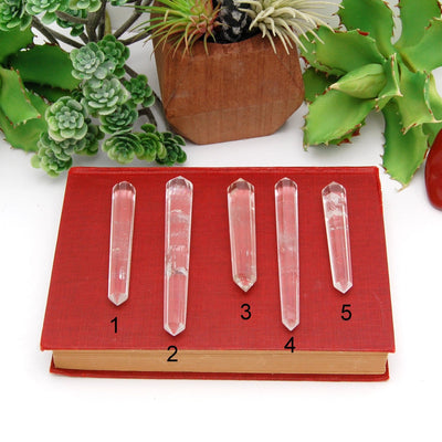 5 Double Terminated Crystal Quartz Points Different Size on Red Book Background. 