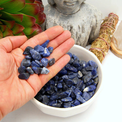 tumbled sodalite small stones in hand displaying the size 