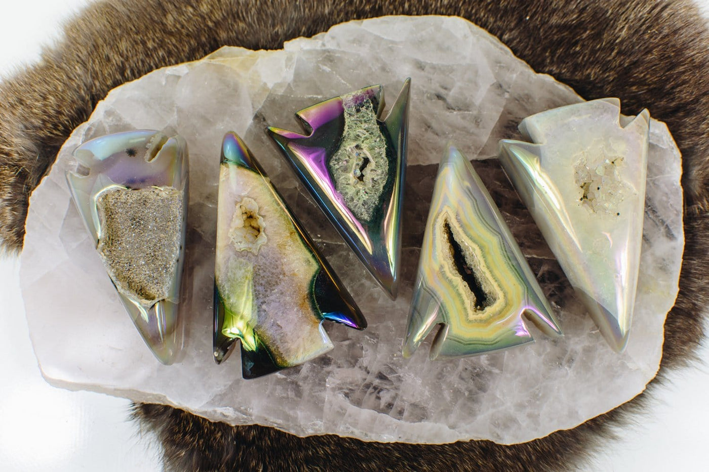 Close up of 5 Titanium Agate Druzy Arrowheads 