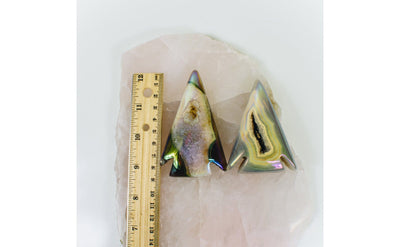 2 Titanium Agate Druzy Arrowheads shown next to ruler for size reference
