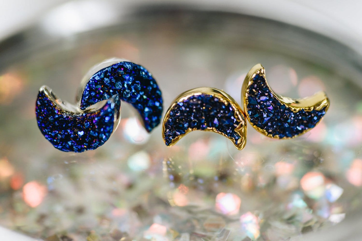 2 pairs of blue druzy moon earrings