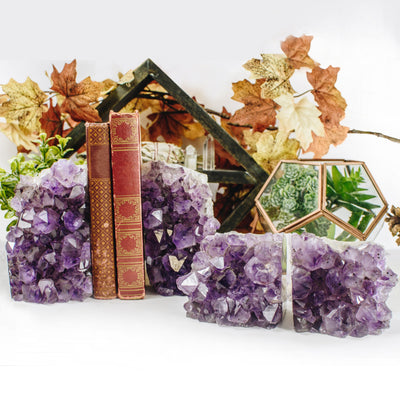 Amethyst bookends being displayed with books and a nice fall Theme back ground.