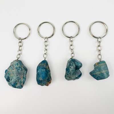 4 apatite silver toned keychains on white background