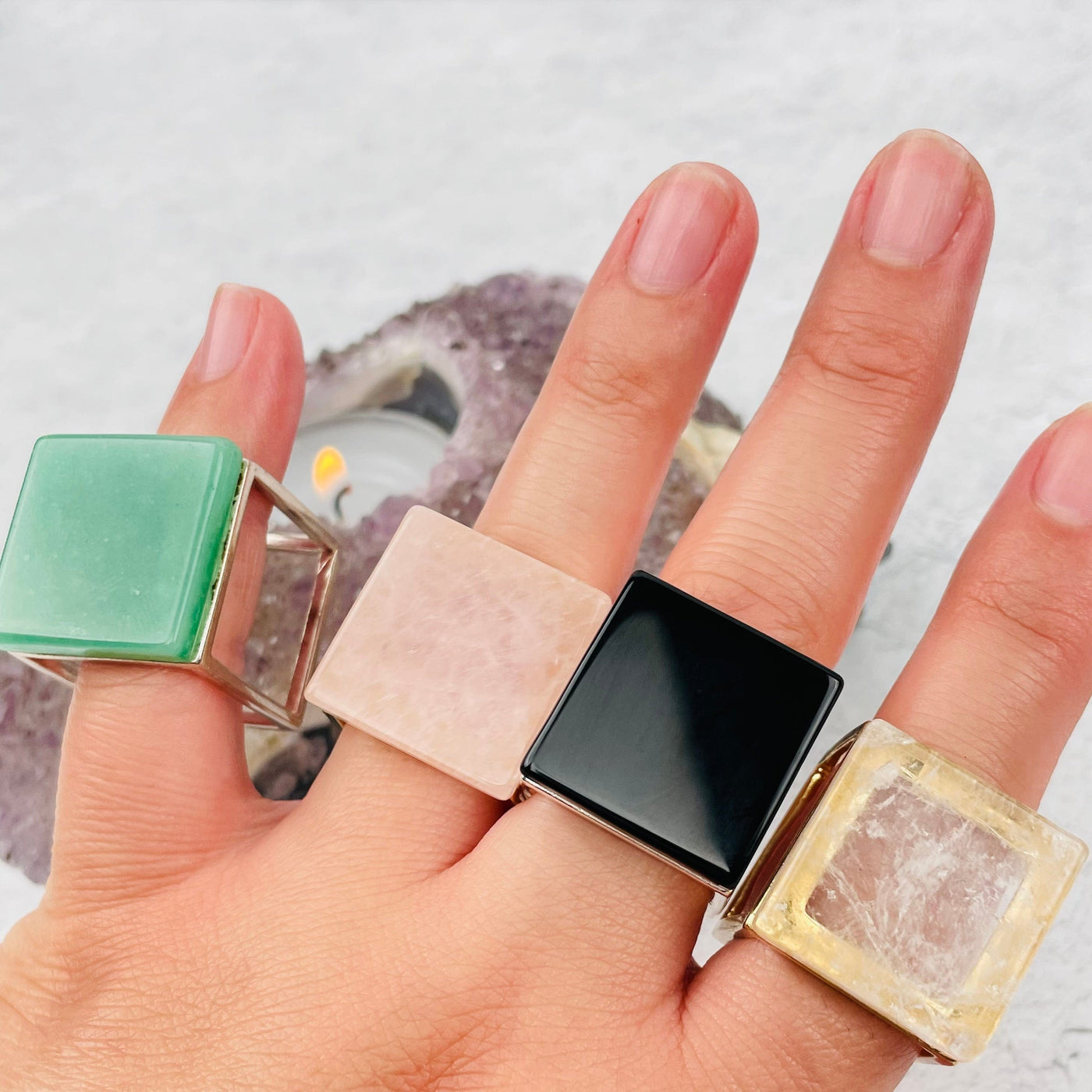 Gemstone Ring - Unique Square Crystals with Gold or Silver Band