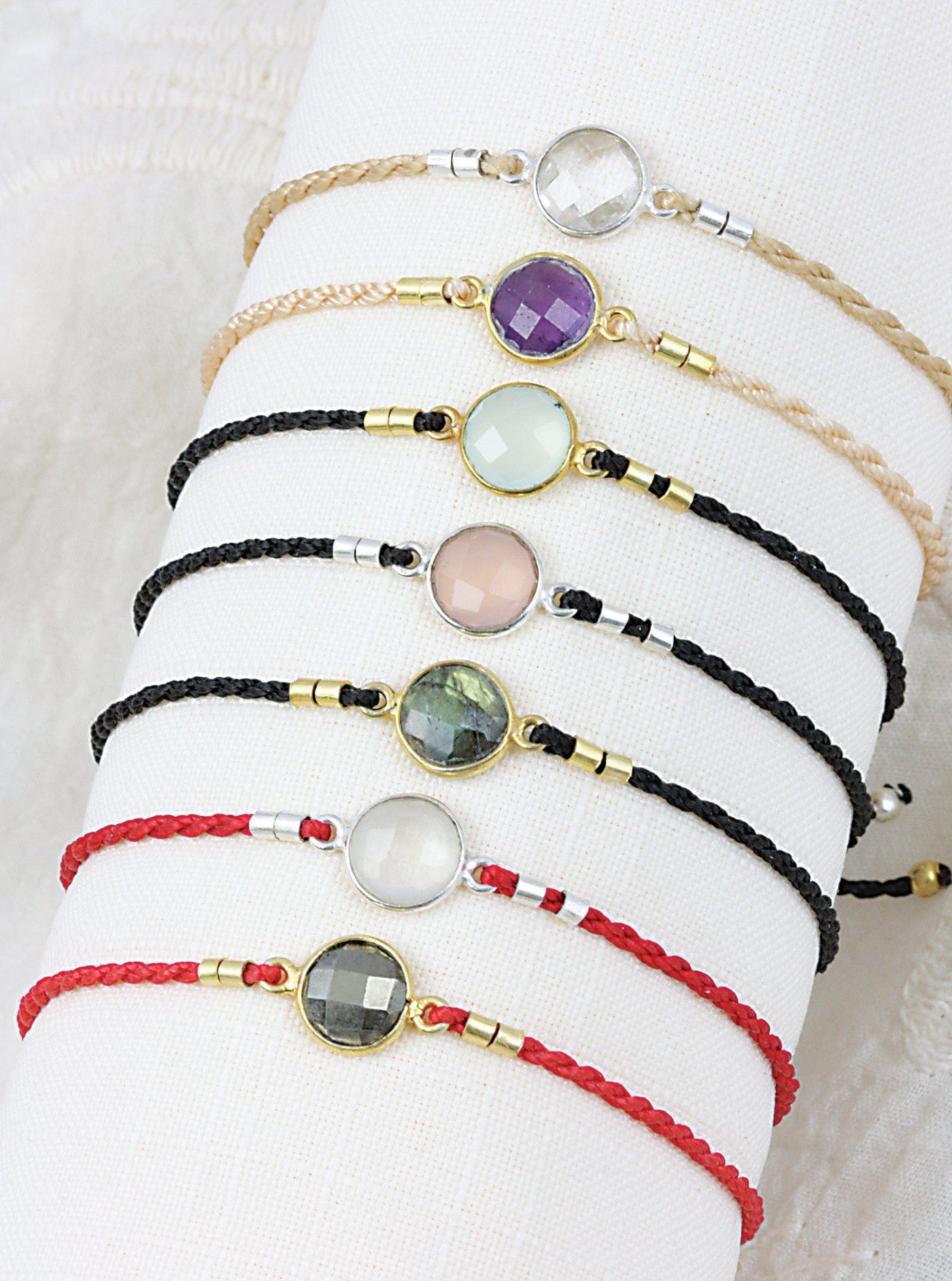 Gemstone Bezel Bracelets - Adjustable Cord with Gold or Silver Plated Accents, showing the black, cording with the different stones available