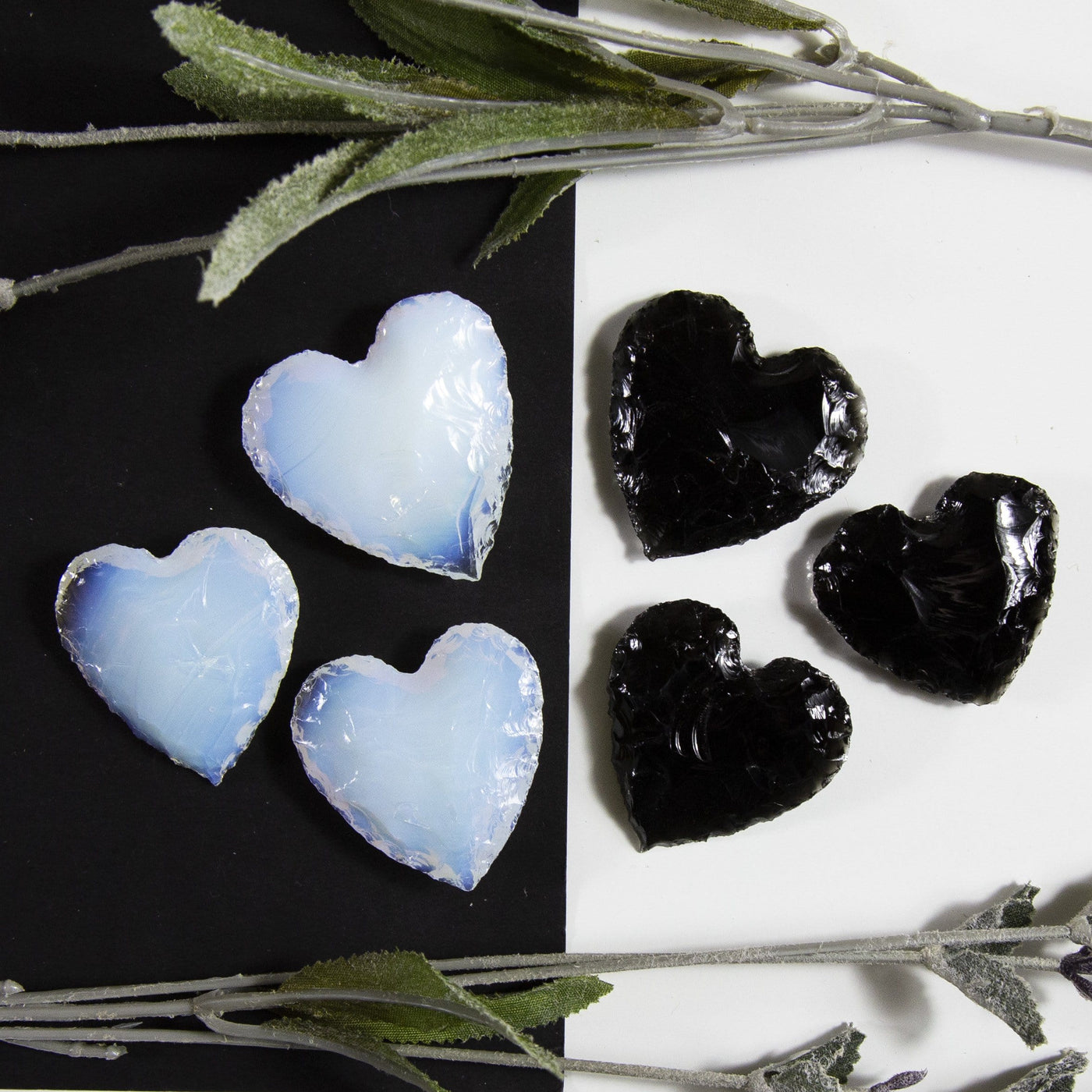Products Opalite and Obsidian Heart Moon and Star - 3 white hearts and 3 black hearts