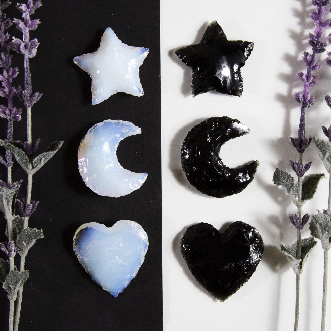 Products Opalite and Obsidian Heart Moon and Star - black and white