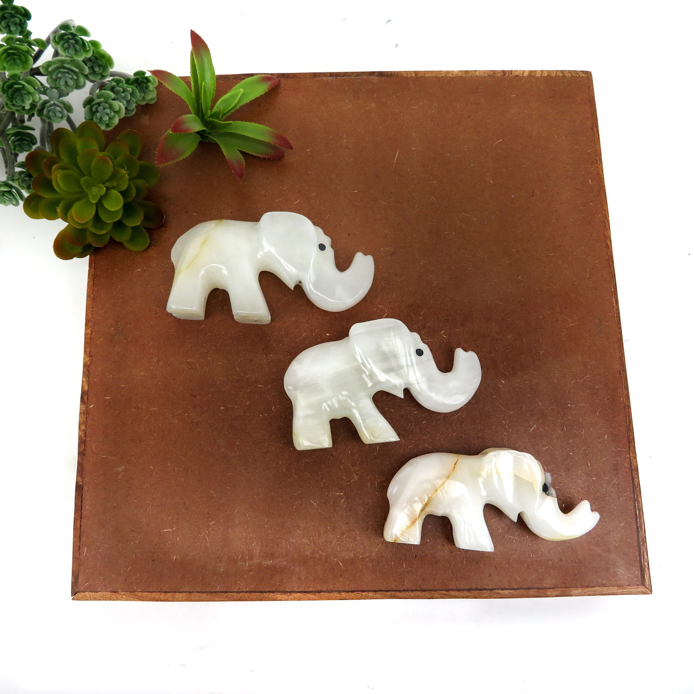 3 Light Onyx Elephant Shape Stones on brown background