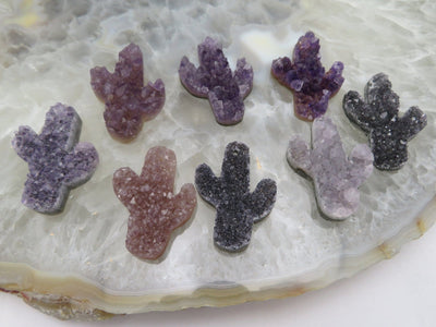 8 amethyst cactus displayed on a crystal platter.
