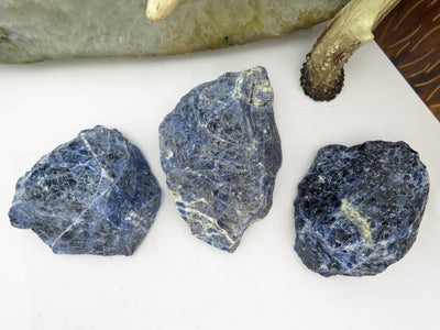 overhead view of three sodalite rough stones on display