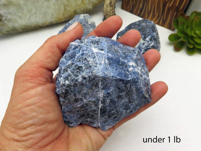 one 0lb - 1lb sodalite rough stone in hand for size reference