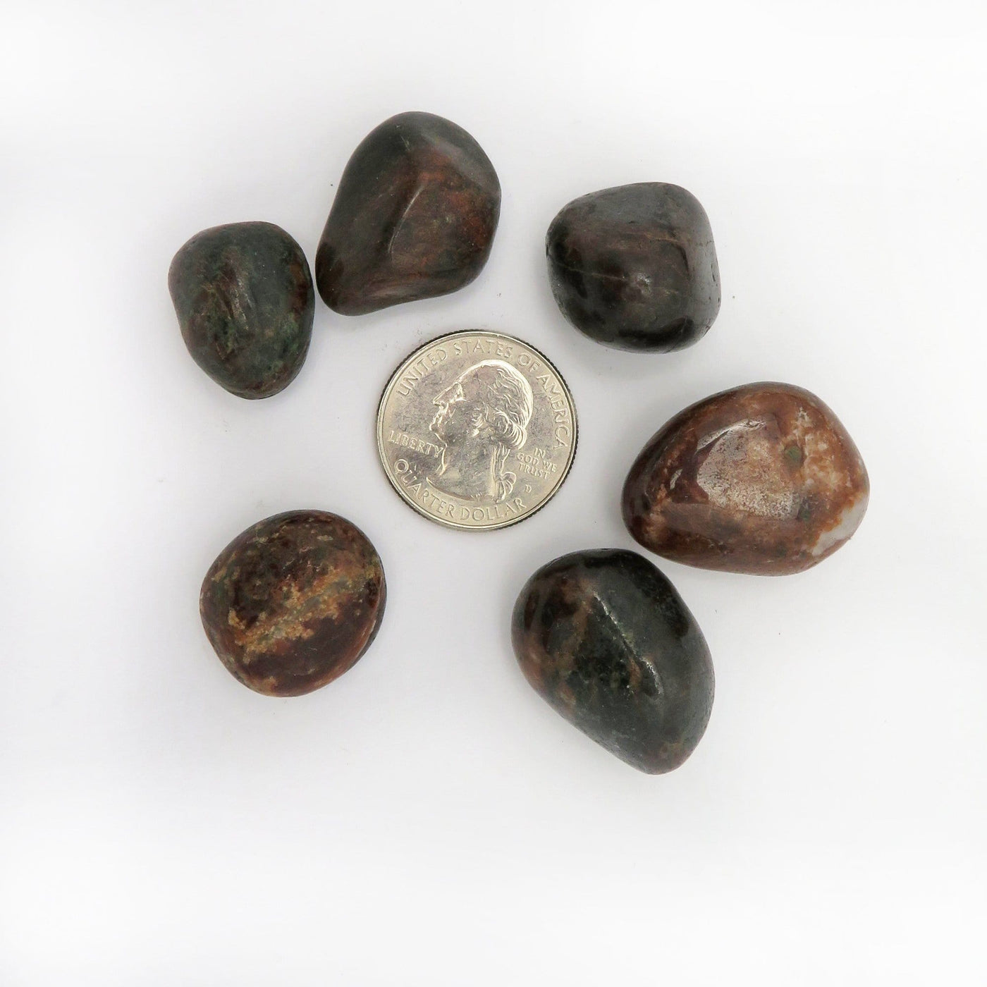 tumbled bloodstone surrounding a quarter for size reference