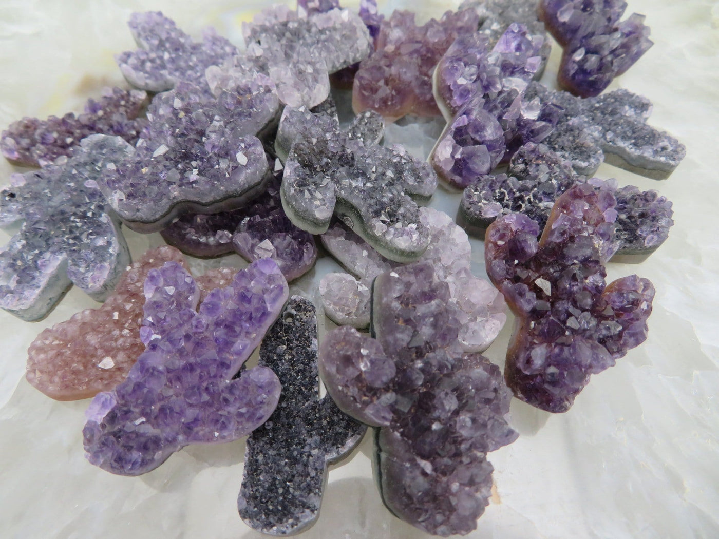 Multiple amethyst druzy cactus displayed on a white back ground. 