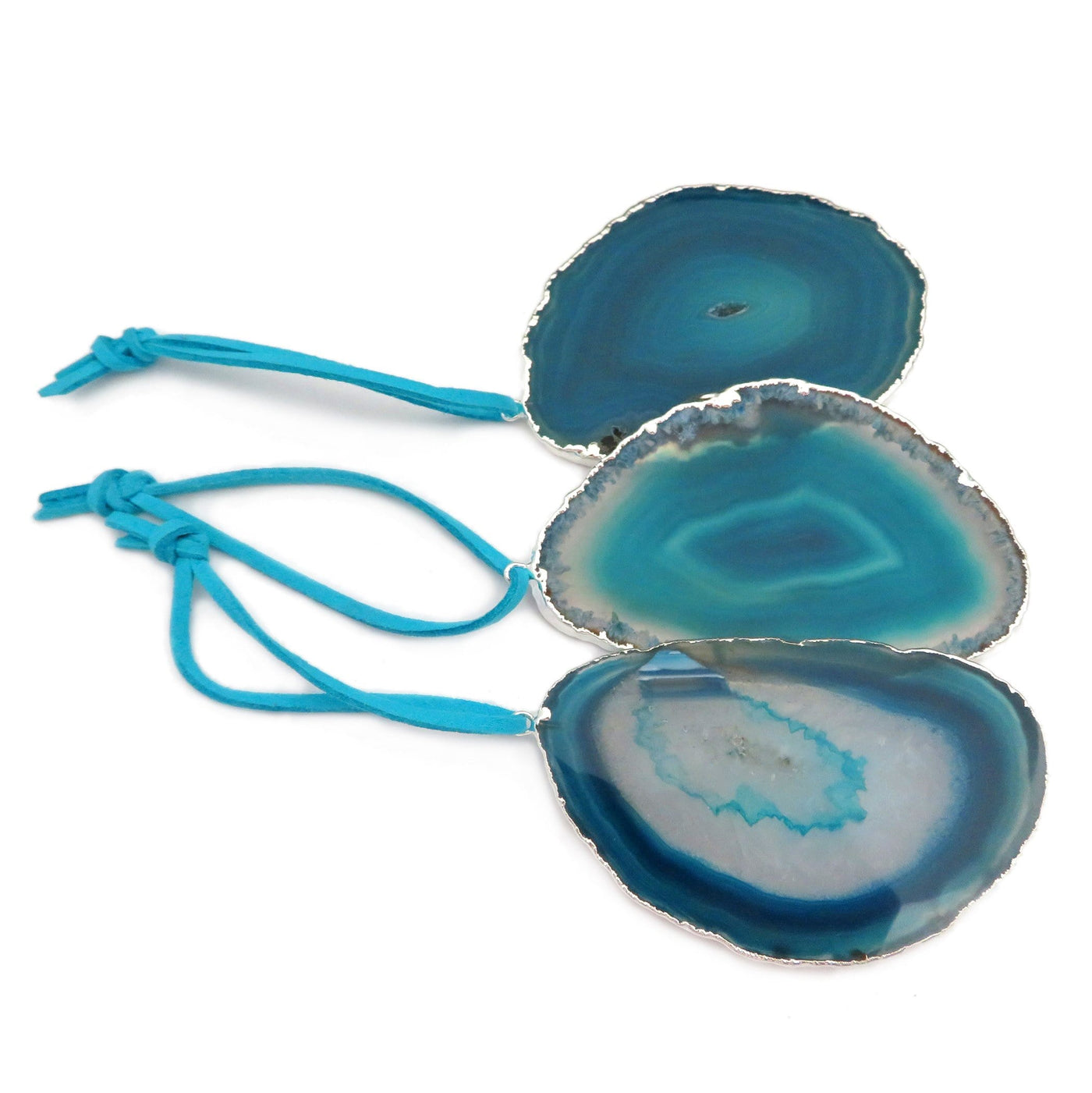 agate slices available in teal with silver edges 