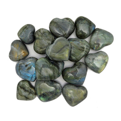 Labradorite Hearts stacked up on a white background