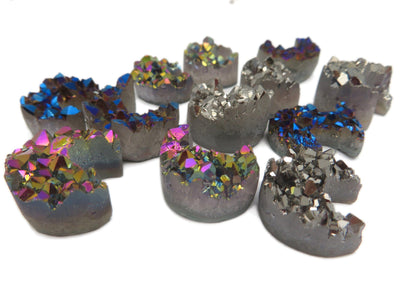 Side view of the Titanium Druzy Stone Moons in rainbow blue and Platinum color. 