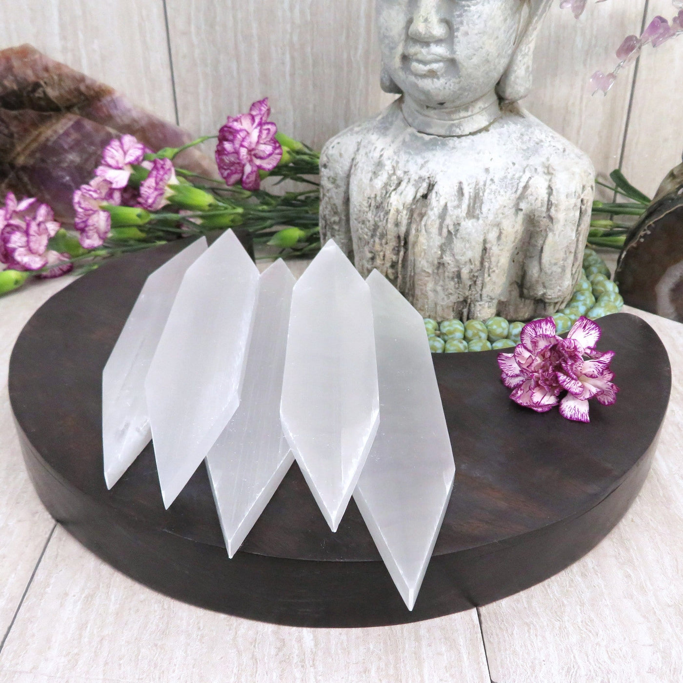 5 Selenite Flat Double Points with decorations