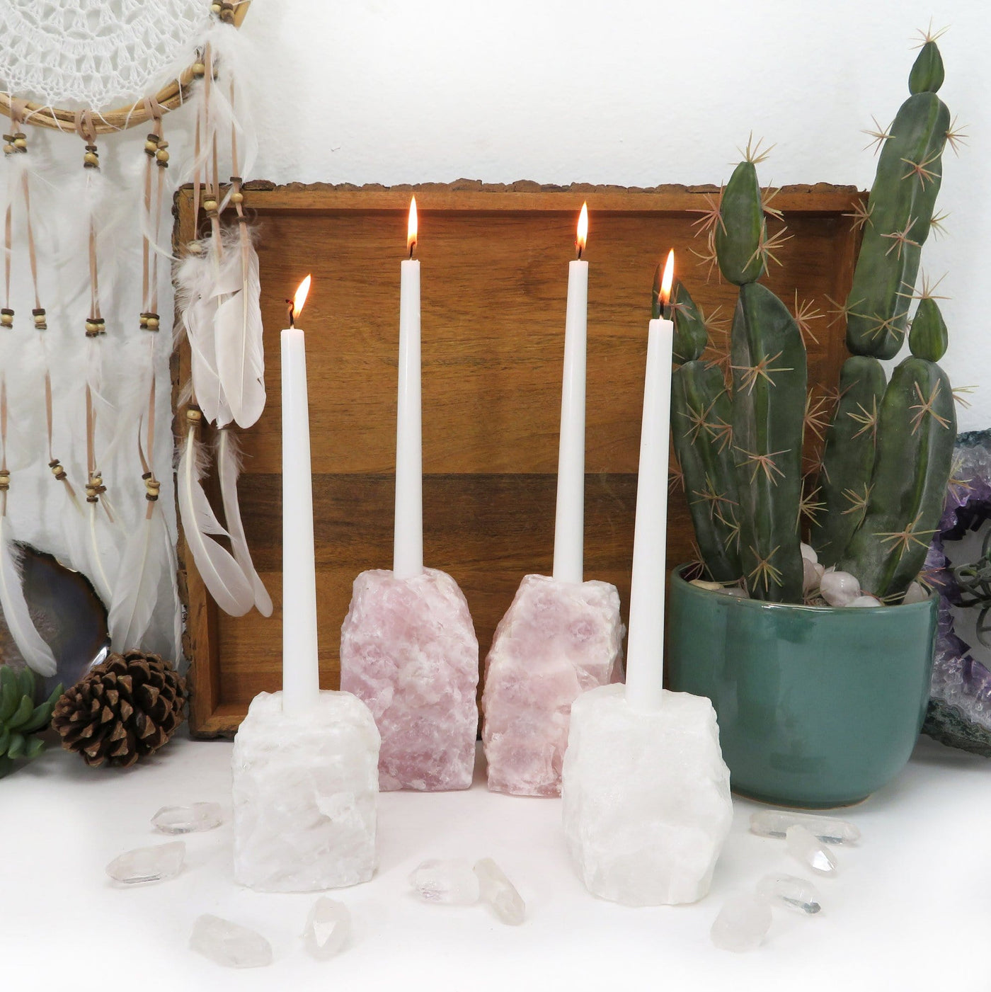 4 stone candle holders with taper candles