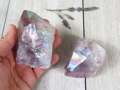 2 Angel Aura Titanium Semi Polished Points, with 1 in a hand for size reference