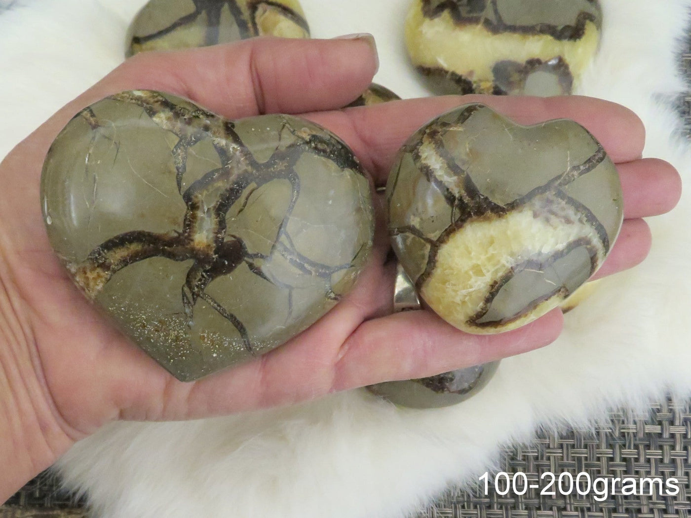 two 100-200g septarian polished heart stones in hand for approximate size reference