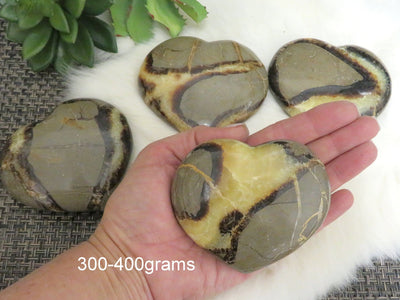 one 300-400g septarian polished heart stone in hand for approximate size reference with others in background display