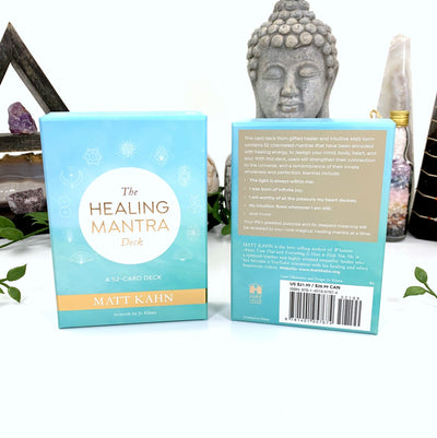 The front and back side of the  The Healing Mantra Deck  box