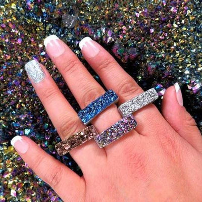rectangle titanium druzy rings with agate ring band displayed on fingers to show size and variation option in Mystic Blue Rainbow Bronze Platinum in sizes 6 7 8 9 10