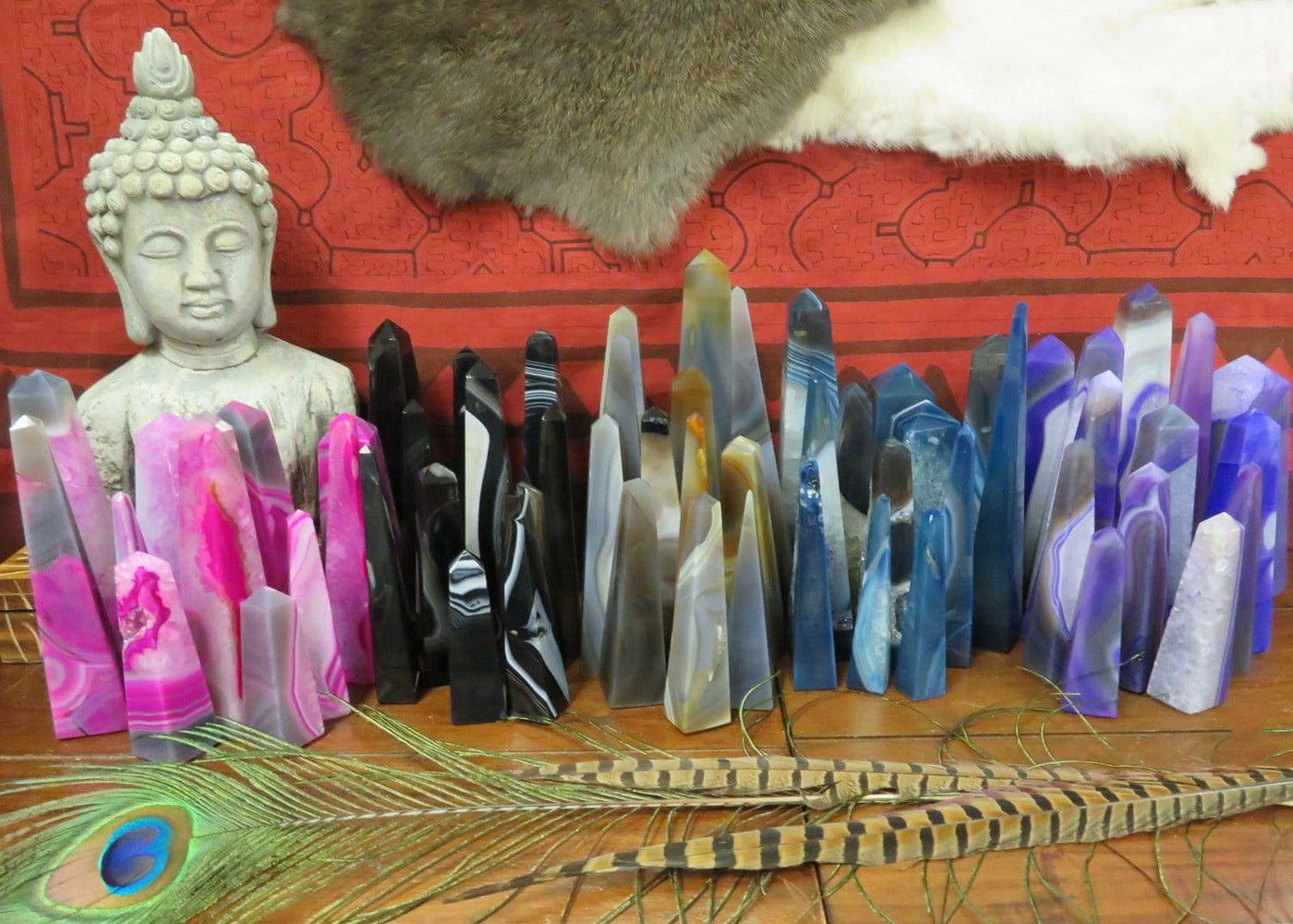 Picture of all of all the variety of colors we have available for our agate tower points.  