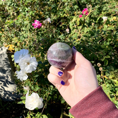 rainbow fluorite sphere in hand with floral background