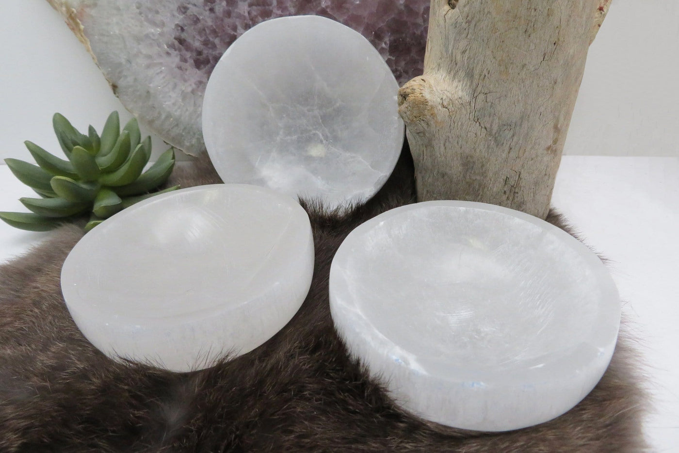 selenite bowls on display for possible variations