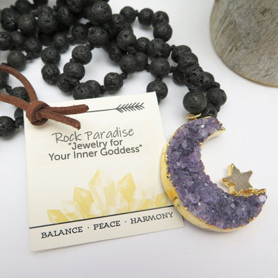 Amethyst Druzy Crescent Moon on Lava Stone Mala Necklace Gold or Silver electroplated displayed up close to show details on the druzy moon and star and texture on the lava beads