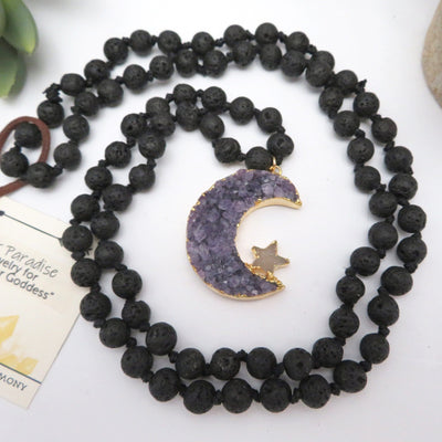 Amethyst Druzy Crescent Moon on Lava Stone Mala Necklace displayed on white background