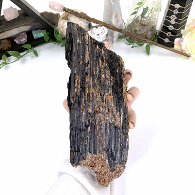 black tourmaline in hand with white background