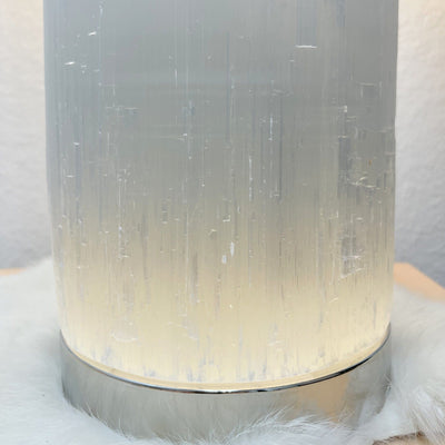 close up of selenite lamp silver base