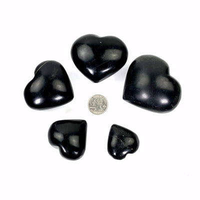 the 5 variations of black onyx hearts in a circle surrounding a quarter for sizing reference