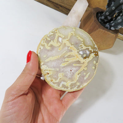 One agate slice with lines of yellow and a cream grayish crystal held in a woman's hand.