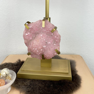up close shot of Pink Crystal Druzy Lamp with decorations 