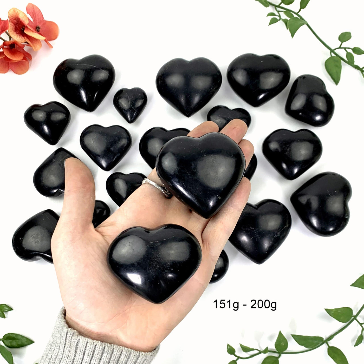 2 - 151gram to 200gram black onyx polished hearts on hand in front of opening shot
