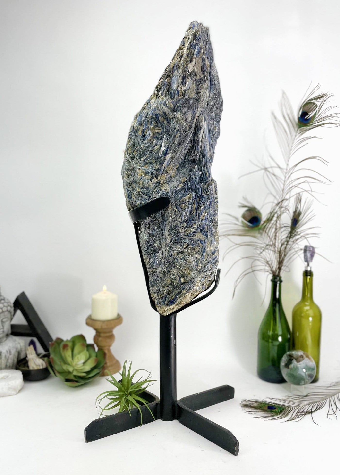 side view of Blue Kyanite Extra Large on metal stand 
