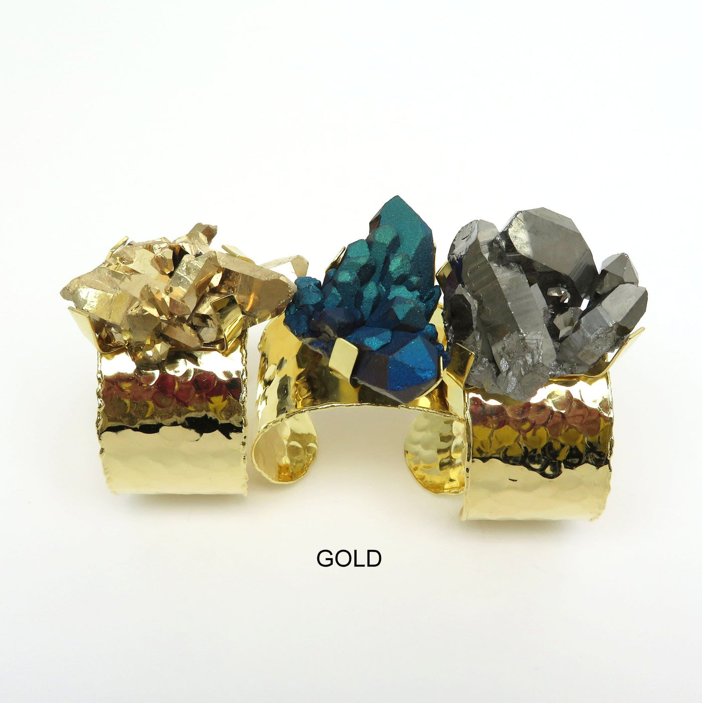 gold variant of crystal cluster bracelet on white background
