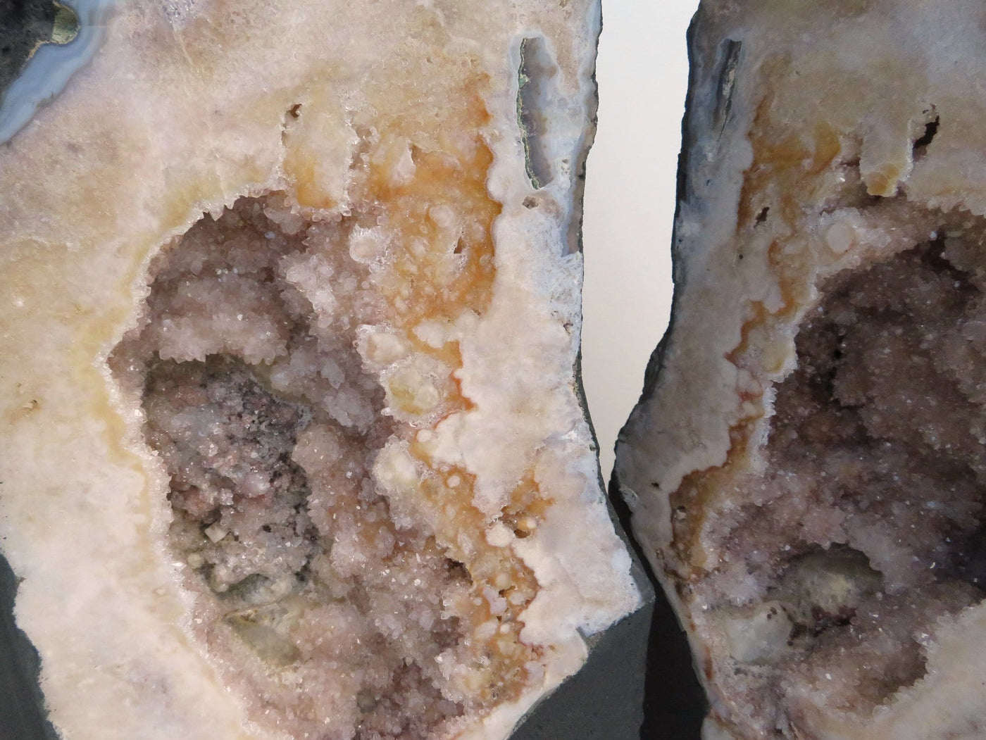 Pink Amethyst Cluster Geode Slice Pair up close of druzy