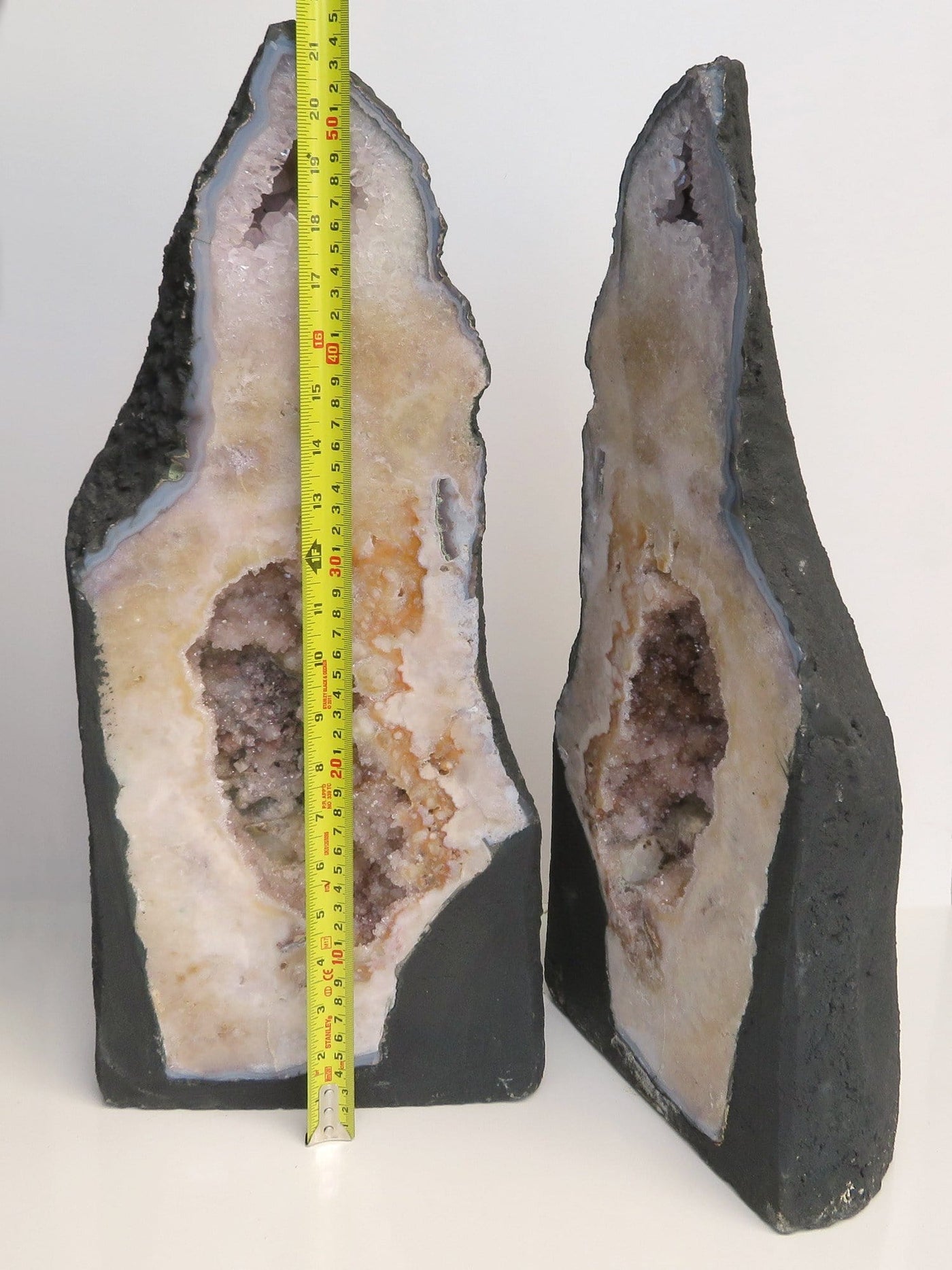 Pink Amethyst Cluster Geode Slice Pair with a ruler showing 21.5" tall