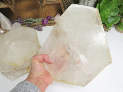 Crystal Quartz Platter - Stone Slab - YOU CHOOSE SIZE - top view of slab in hand 