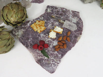 top view of Lepidolite Platter with food on it