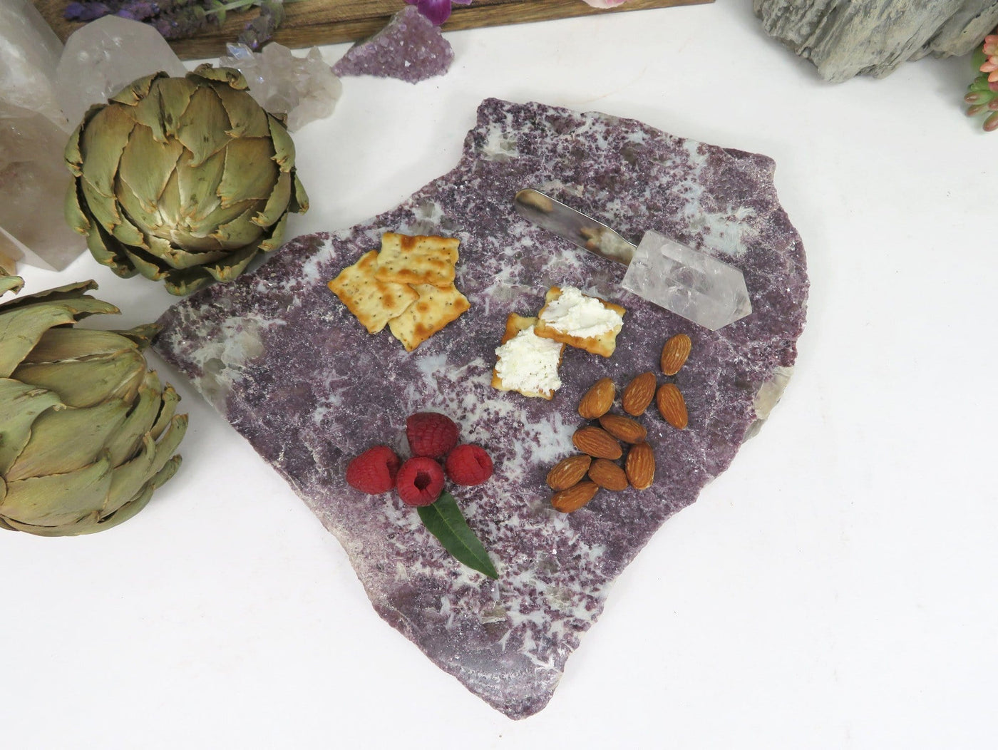 top view of Lepidolite Platter with food on it