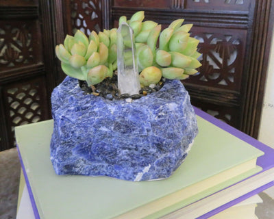 Rough Stone Planter with succulents and crystal quartz inside on top of books