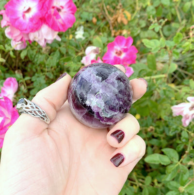 Purple Fluorite Sphere in a hand with a background of a green bush with pink flowers