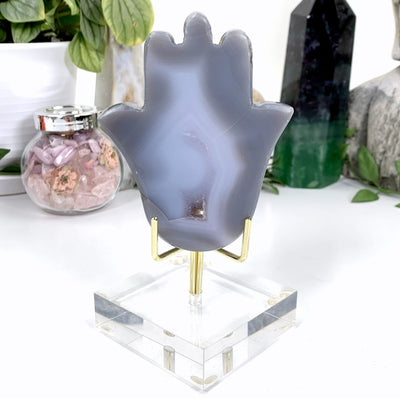 Natural Agate Hamsa Hand with Druzy Center - on an acrylic sstand