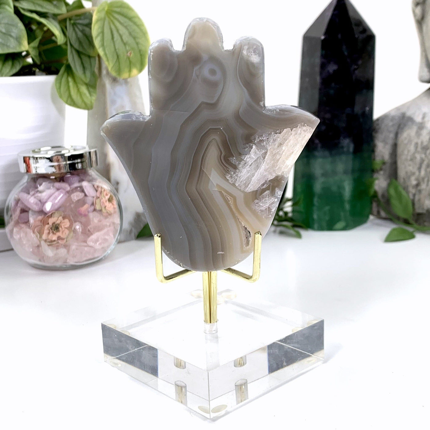 Natural Agate Hamsa Hand with Druzy Inclusion - on an acrylic stand