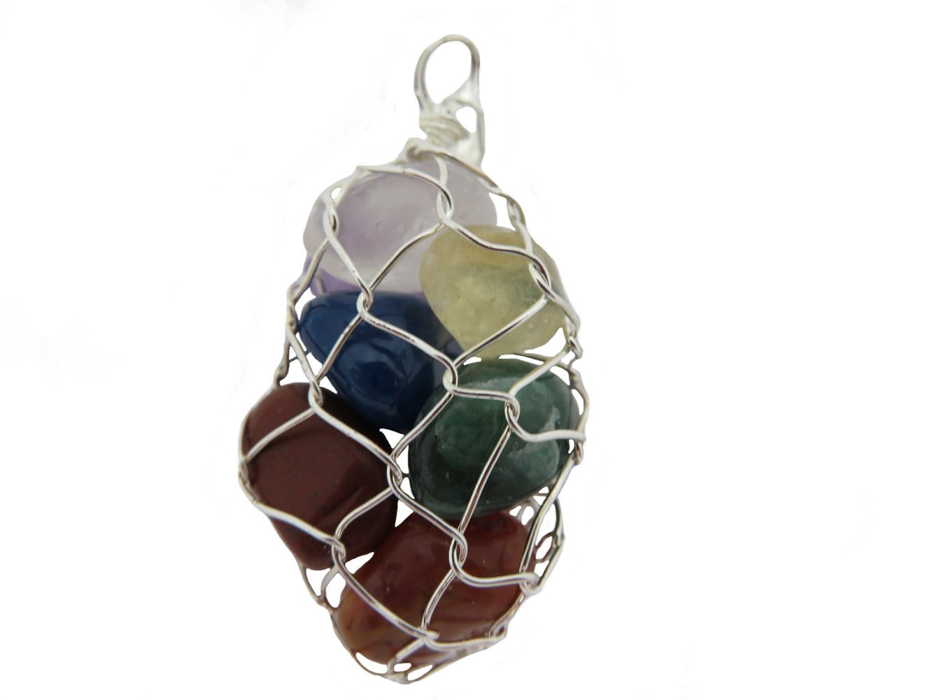 Wired Pendant With Natural 7 Chakra Reiki Healing Stones - silver cage